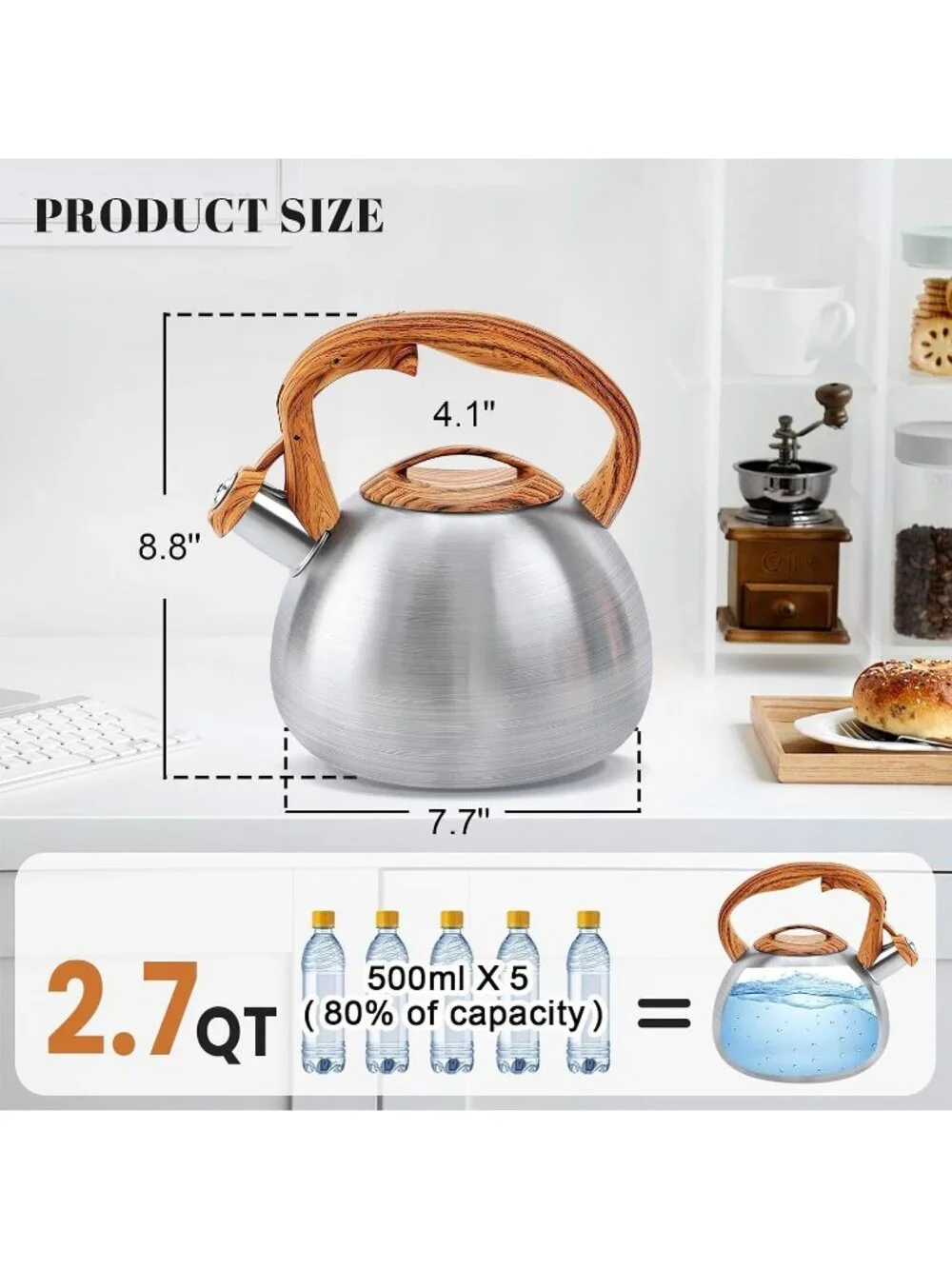 GGC 3.1QT Silver Stainless Steel Whistling Tea Kettles For Kitchen Stove Top